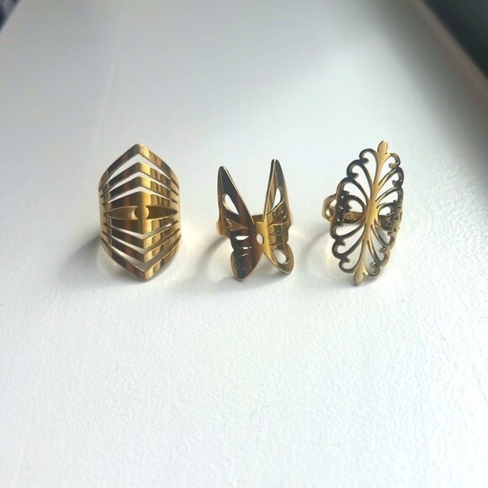 Gold Tone Stainless Steel Ring Set Butterfly Geometric Filigree Size 6 7